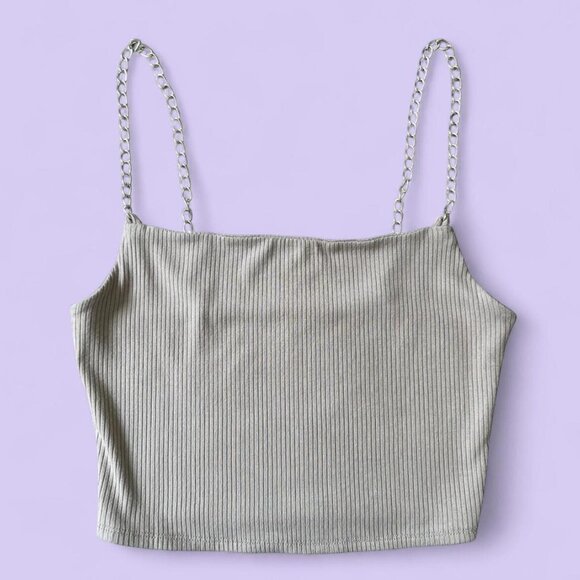 Ribbed Chain Strap Crop Top Taupe Beige | Size P/S - Picture 1 of 5
